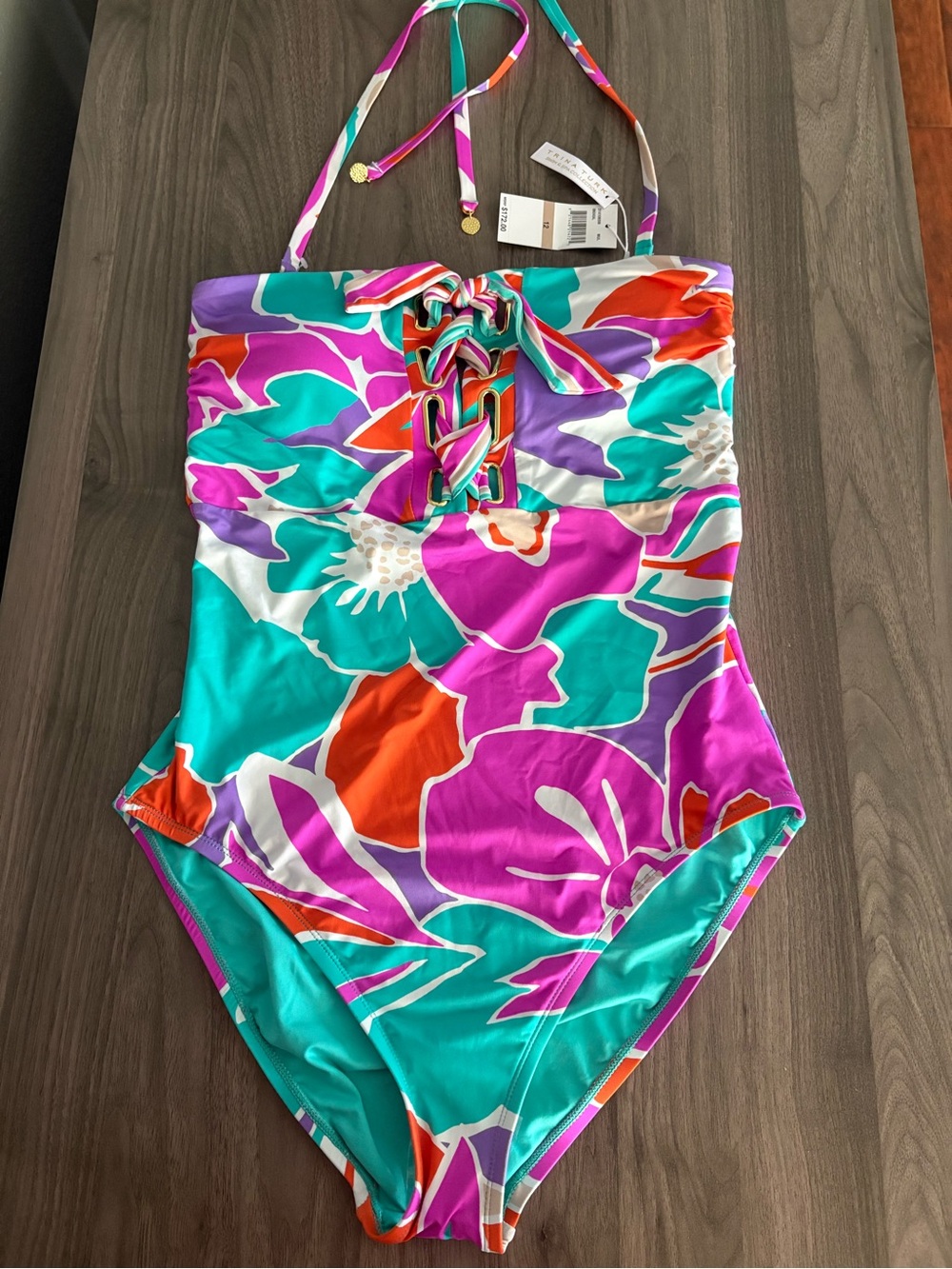 Trina Turk Floral Halter One-Piece Swimsuit in Pink Teal Orange - Picture 12 of 16